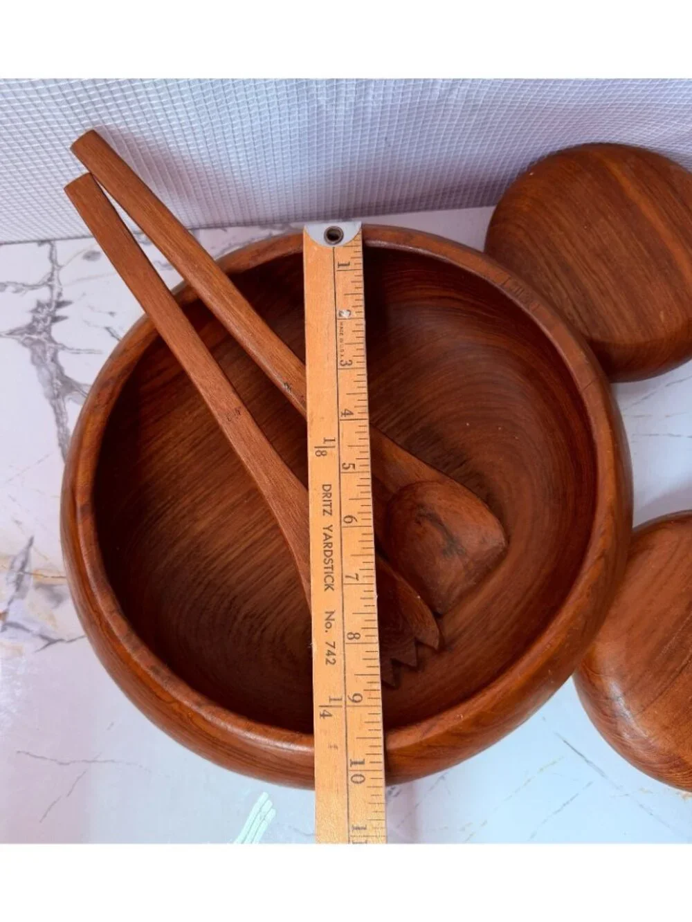 Mid-Century Modern Teak Salad Bowl Set With 4 Small Bowls & 2 Serving Utensils
